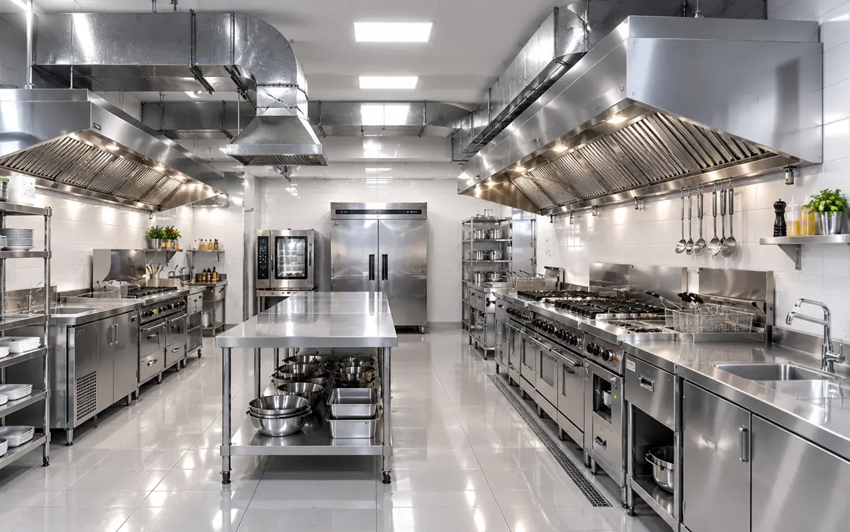 Cozinha industrial totalmente equipada, com coifas, exaustores e fogões
