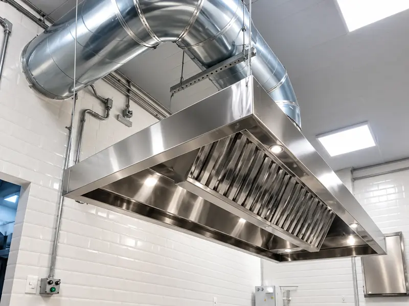 Coifa industrial com dutos de exaustão instalados