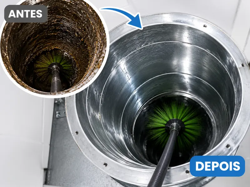 Duto de exaustão antes e depois da limpeza, com remoção da gordura acumulada